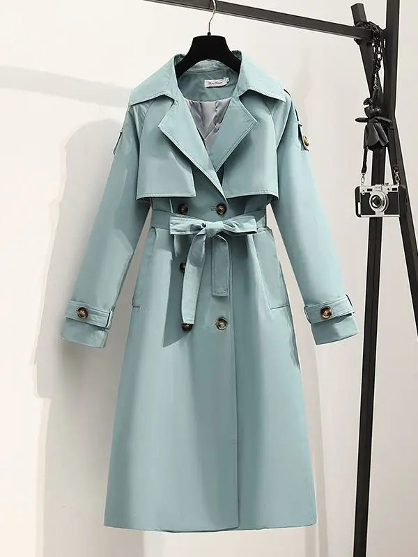 Women Long Trench Coat Fashion Windproof Coat Double Breasted Trench TRAF Coats Green Belt Windbreaker Winter Aiertu