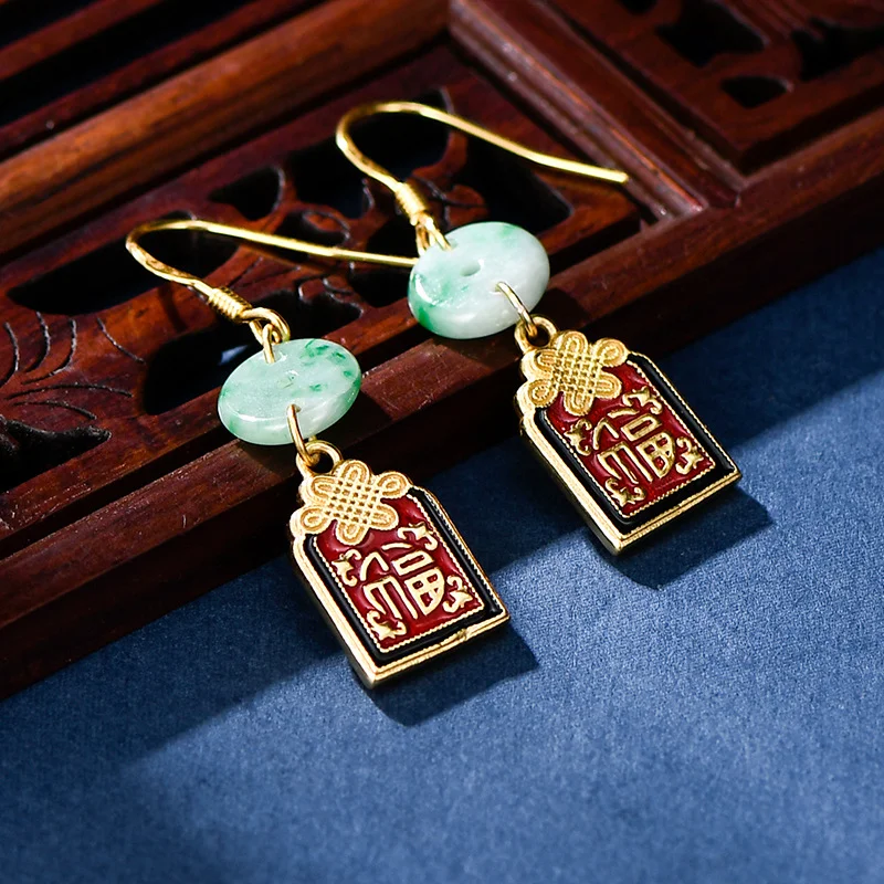 s925 silver drop oil enamel color Chinese knot blessing jadeite earrings
