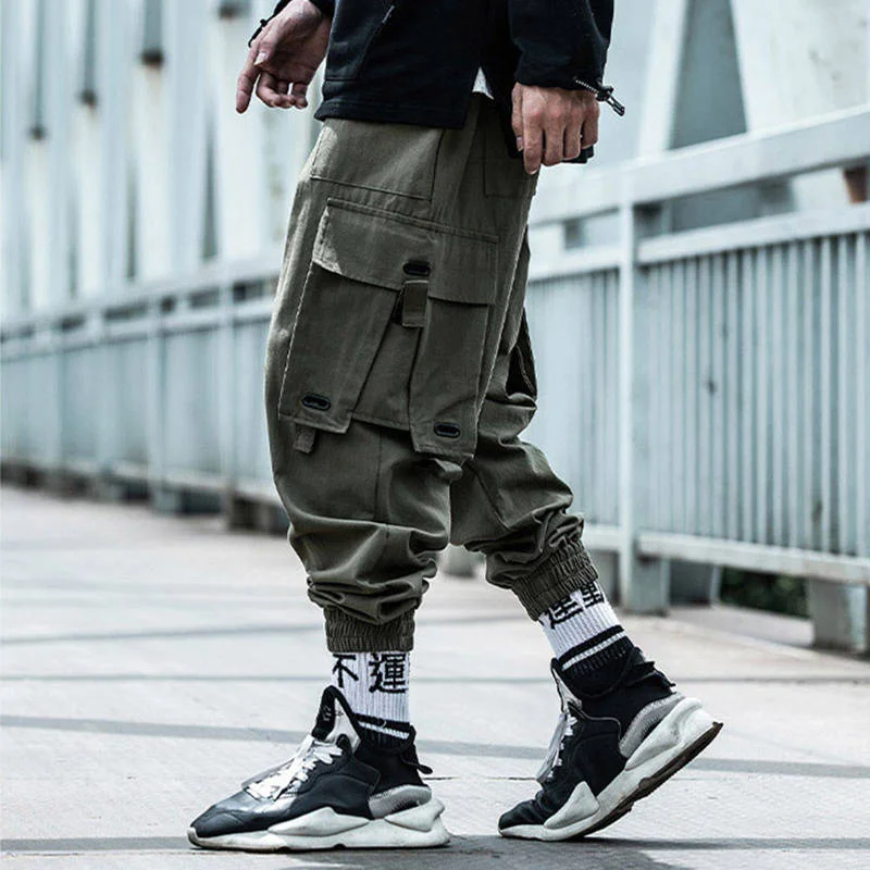 Hip Hop Cargo Pants Men Functional Loose Jogger Men Trousers Streetwear  Ribbons