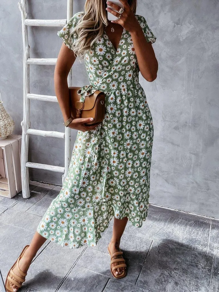 Youthful Floral Print Short Sleeve Midi Dress-vocosishoes
