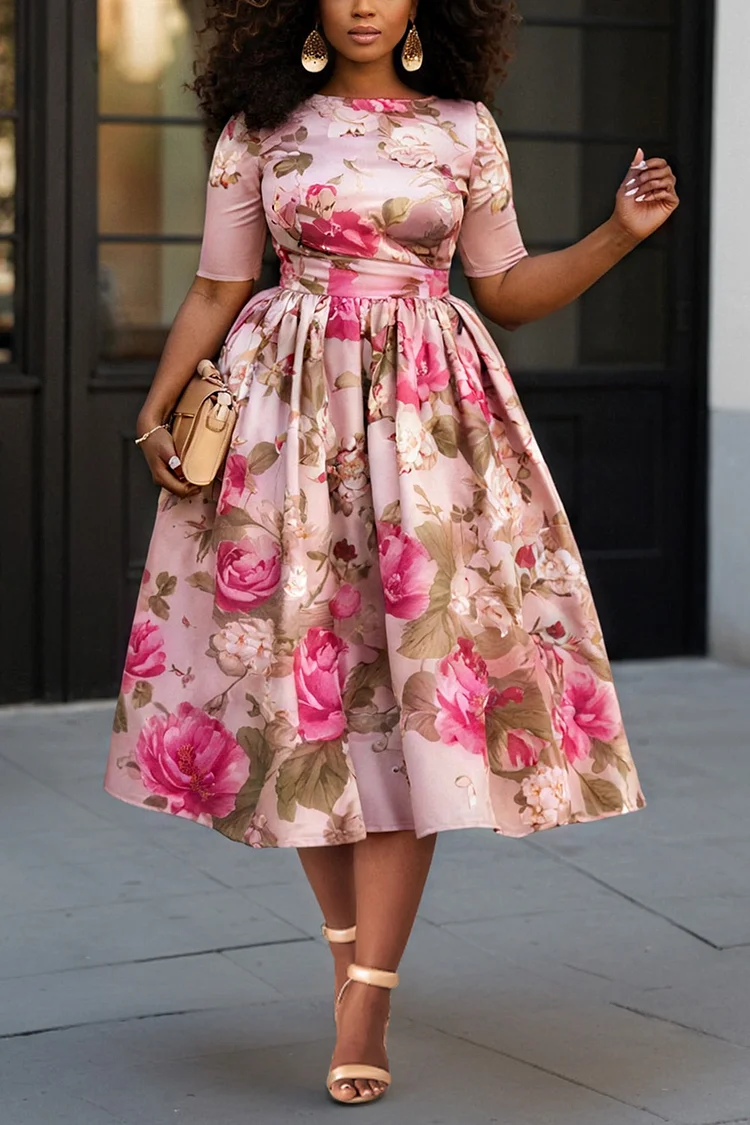 Xpluswear Design Plus Size Wedding Guest Pink Elegant Floral Round Neck Short Sleeve Pocket Satin Midi Dresses [Pre-Order]
