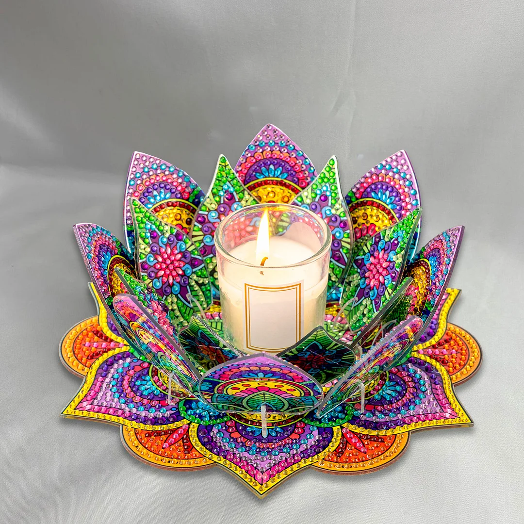 5D DIY Diamond Art Painting DIY Acrylic Desktop Ornament Flower Candle Holders Tealight Handmade Home Office Decor for Adults Beginners ( Purple and Yellow Lotus)