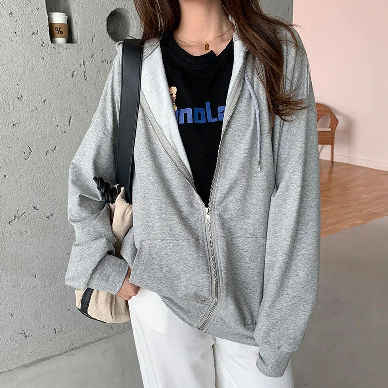 Cartoonh Harajuku Korean Style Oversized Hoodies Women Long Sleeve Solid Color Baggy Sweatshirt Cardigan E-Girls Vintage Streetwear