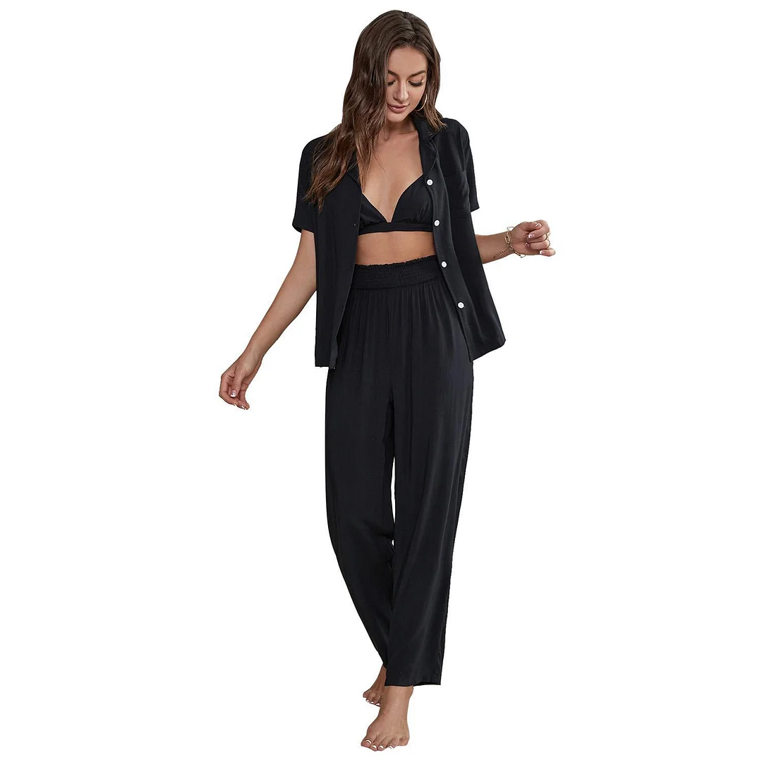 Toloer Toloer Female Spring And Summer Short-Sleeved Cardigan Home Clothing Three Sets Outside Wear-Outfit Ideas