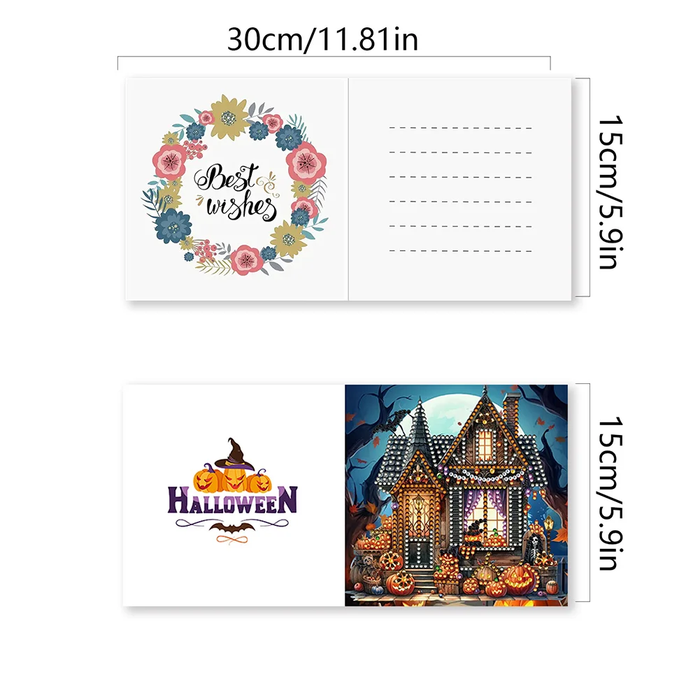 6pcs DIY Halloween House Special Shape Diamond Painting Greeting Card Kit【With White Envelope】