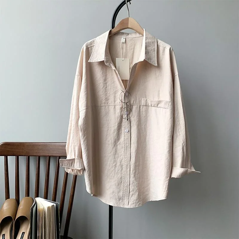 BGTEEVER Minimalist Loose White Shirts for Women Turn-down Collar Solid Female Shirts Tops  Spring Summer Blouses