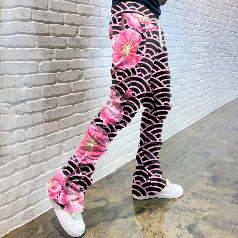 Casual Print Drawstring Flared Trousers