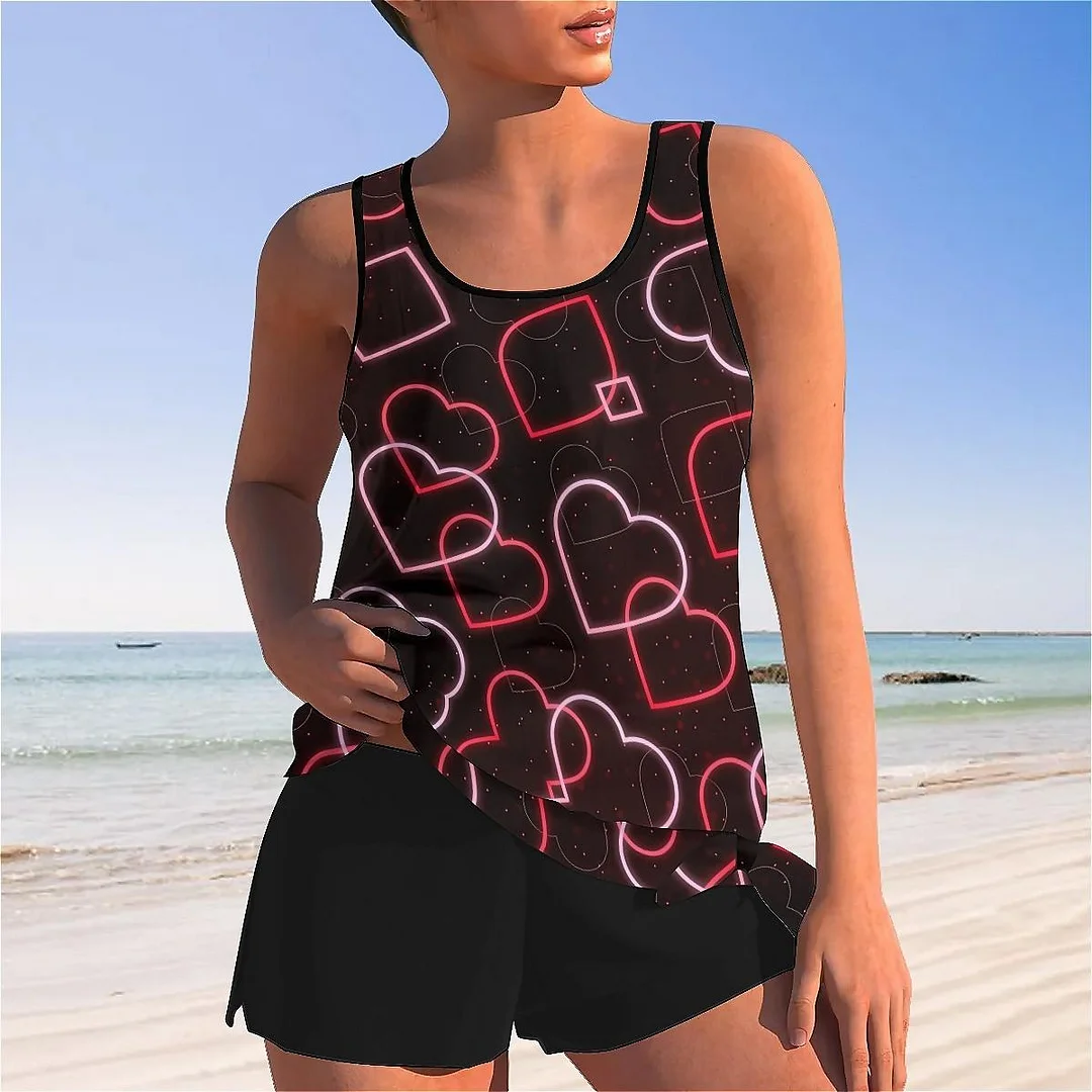 Bowknot Heart,Love,Valentine's Day Mid Waisted Tankini Set - Plus Size Available