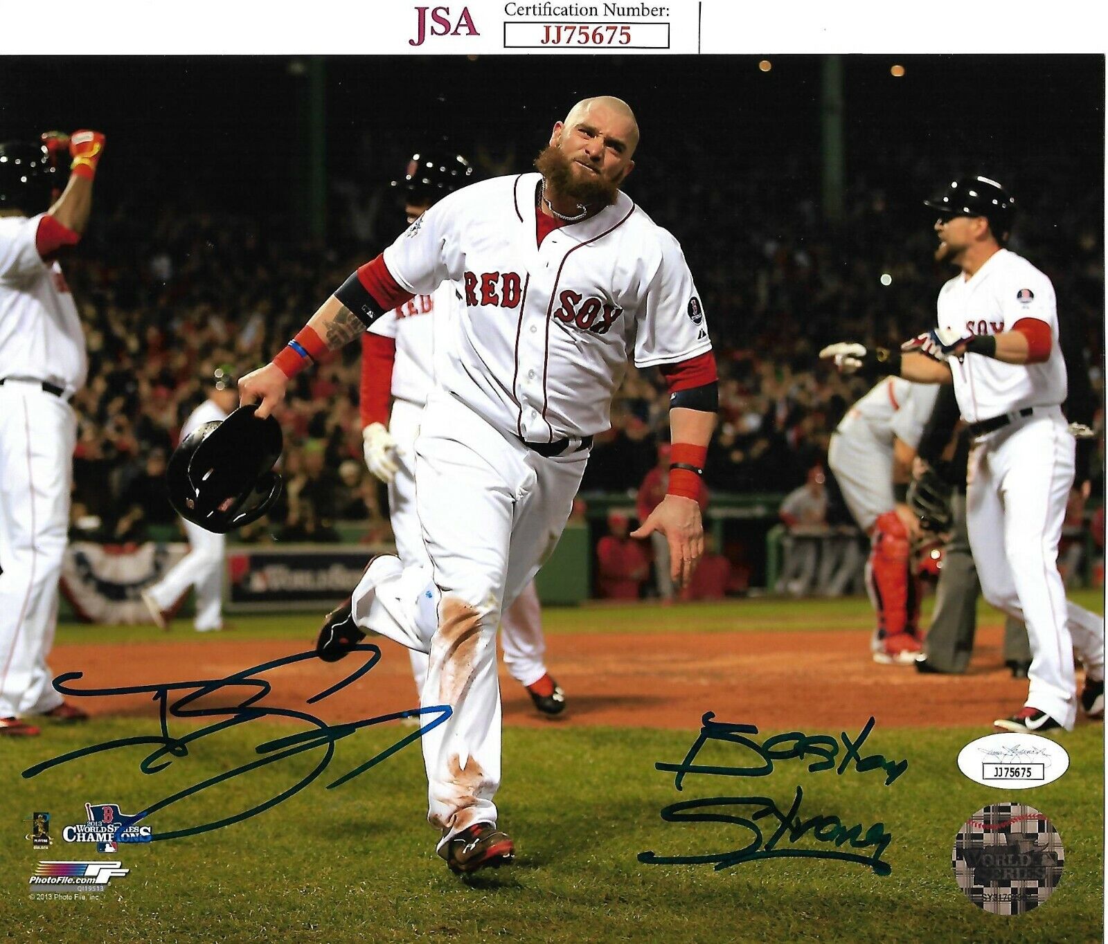 JONNY GOMES signed RED SOX WORLD SERIES BOSTON STRONG INSCRIPTION 8X10 Photo Poster painting JSA