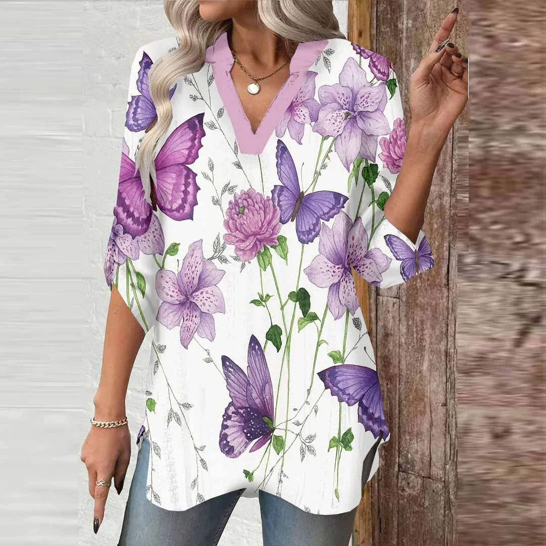 Women Butterfly,Purple,Floral DZGA0576 3/4 Sleeve V-neck Printed Graphic Button Tops