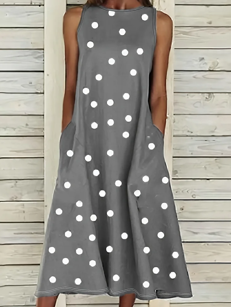 Women's Peplum Dress - Polka Dot Print, Smooth Polyester Knit Fabric With Micro Elasticity - Summer Vacation & Beach Outings | Machine Washable | Pockets & Crew Neck