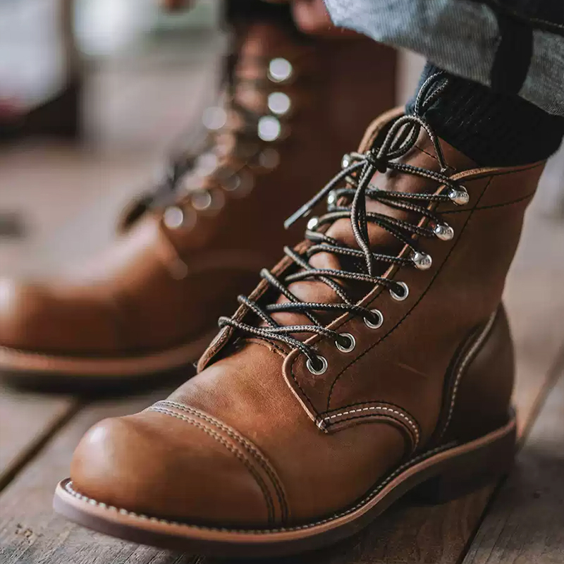 Vintage Leather Work Motorcycle Lace-Up Boots