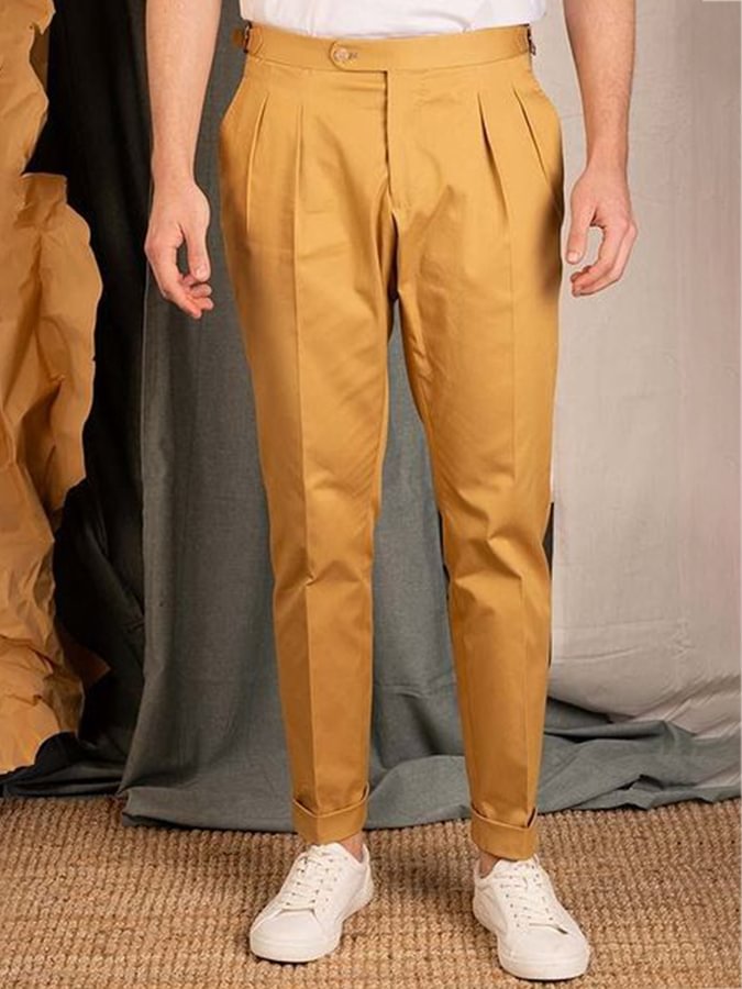Men's Summer Dark Yellow Double Pleated Trousers
