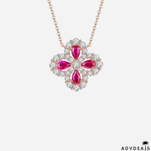 Lab-Grown Ruby 925 Sterling Silver Flower Shape Necklace