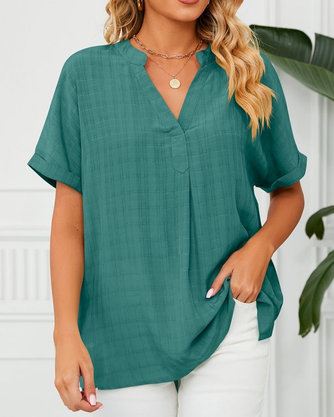 V Neck Solid Short Sleeve Tops