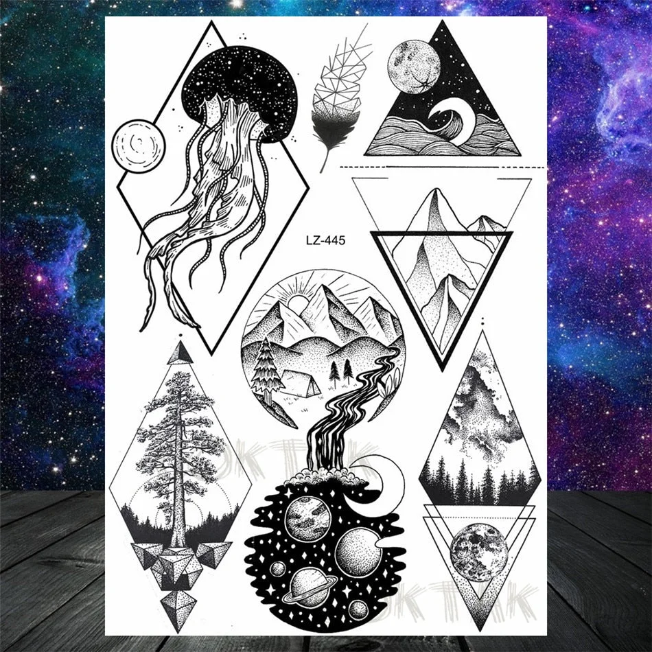 Realistic Fake Black Animal Temporary Tattoos Sticker For Men Women Geometric Wolf Outer Space Tatoo Temporary Decal For Kids