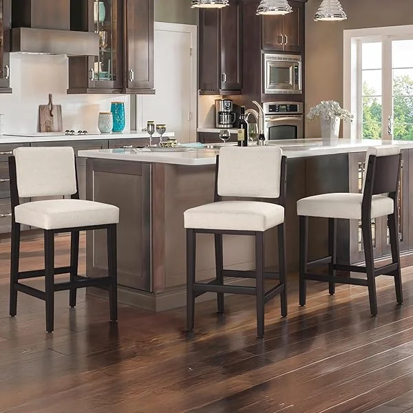 26.5" Bar Stools Set of 3, Upholstered Counter Height Bar Stools with Wide Faux Leather Backrest & Espresso Solid Wood Construction, Mid Century Modern Barstools, Linen Color Linen Color 3