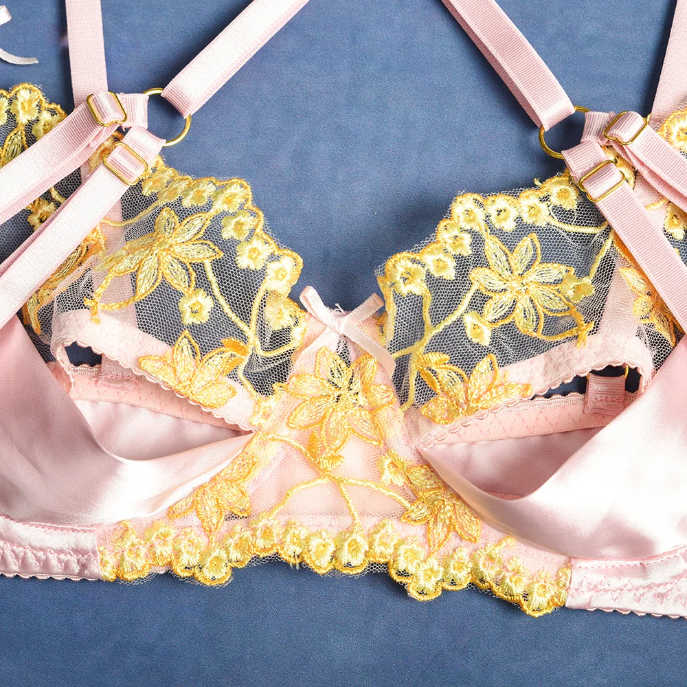 Billionm Sexy Lingerie Women Panties Bra Set Lace Hollow Out Underwear Pink Bandage Nightwear Erotic Porn Satin Lingerie Set Embroidery