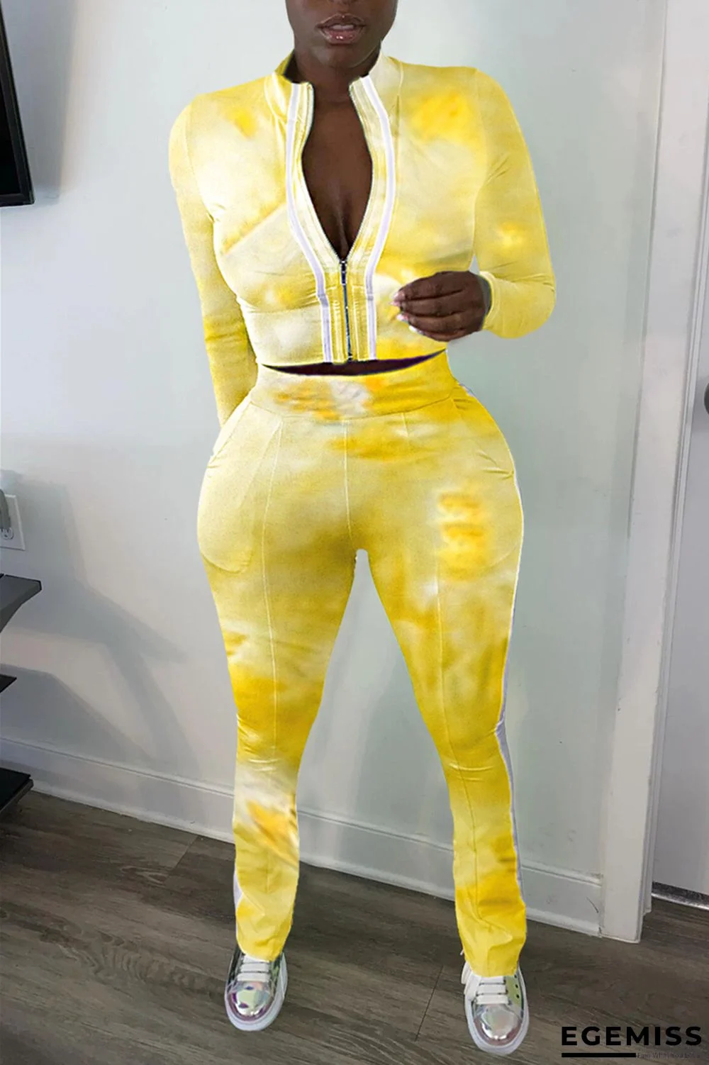 Yellow Casual Sportswear Print Tie-dye Pants Zipper Collar Long Sleeve Regular Sleeve Short Two Pieces | EGEMISS
