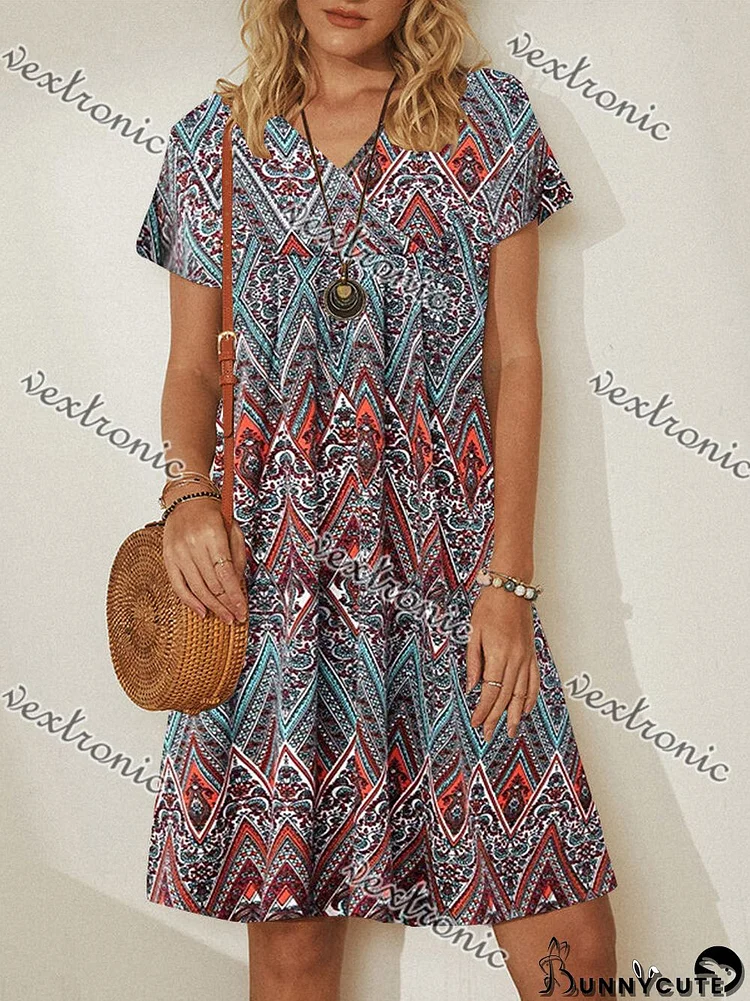 Women Short Sleeve V-neck Graphic Printed Midi Dress