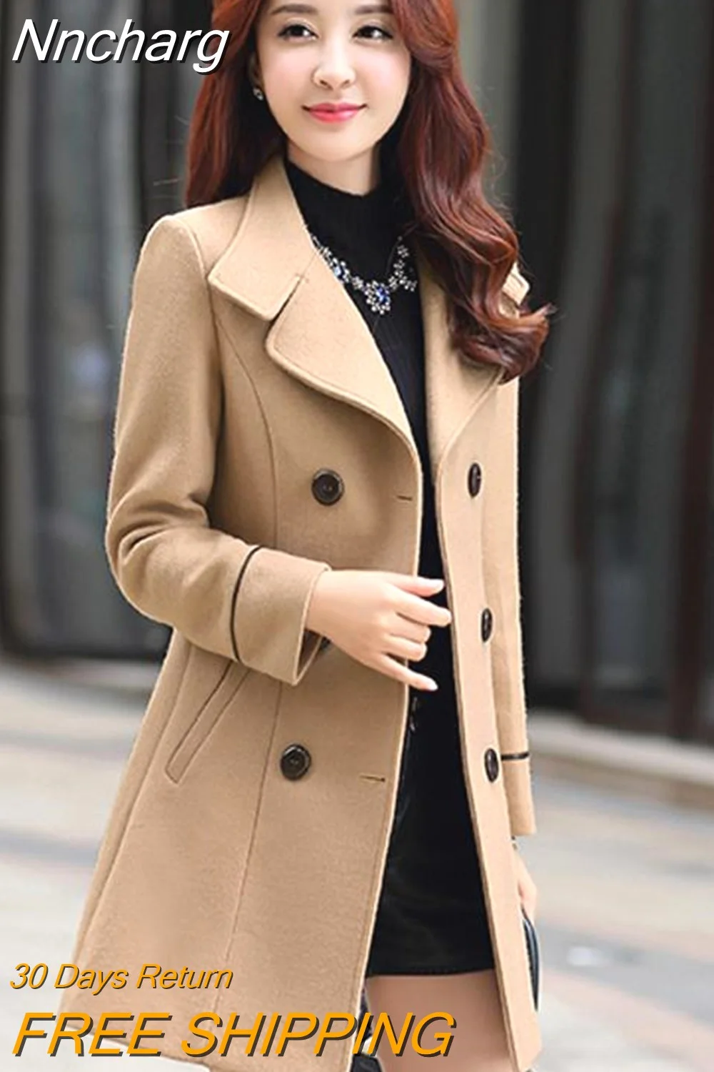 Nncharge Women Wool Blend Warm Long Coat Autumn Winter Female Slim Fit Lapel Woolen Overcoat Cashmere Outerwear