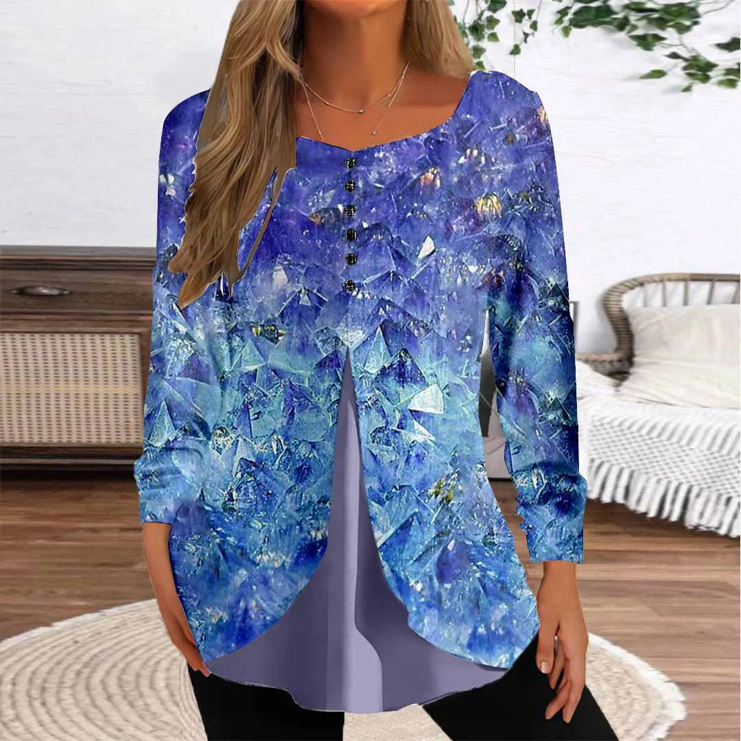 Women Graphic,Blue DZGG8378 Long Sleeve Scoop Neck Printed Graphic Button Fake 2in1 Tops