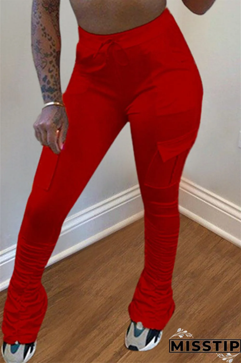 Fluorescent green Drawstring High Solid Pocket Draped Boot Cut Pants Bottoms