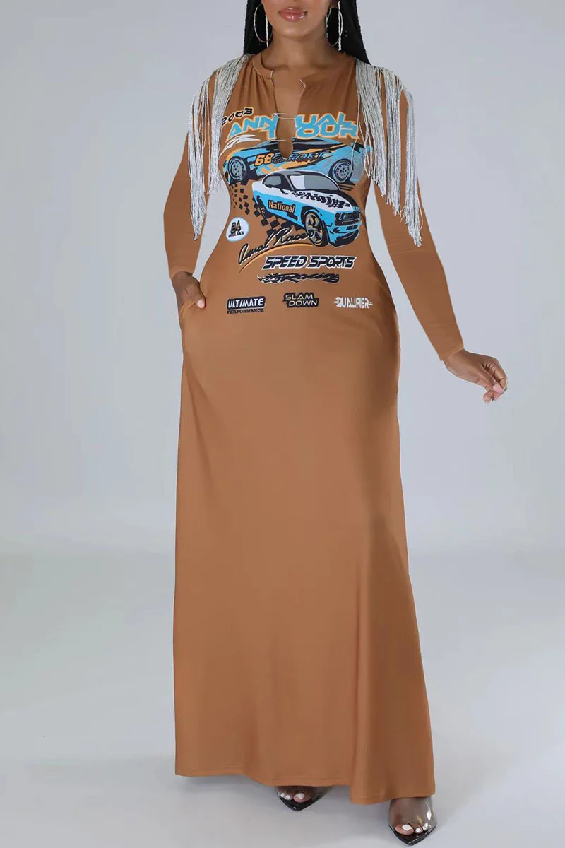 Light Brown Sexy Street Print Tassel Patchwork V Neck Straight Dresses | EGEMISS