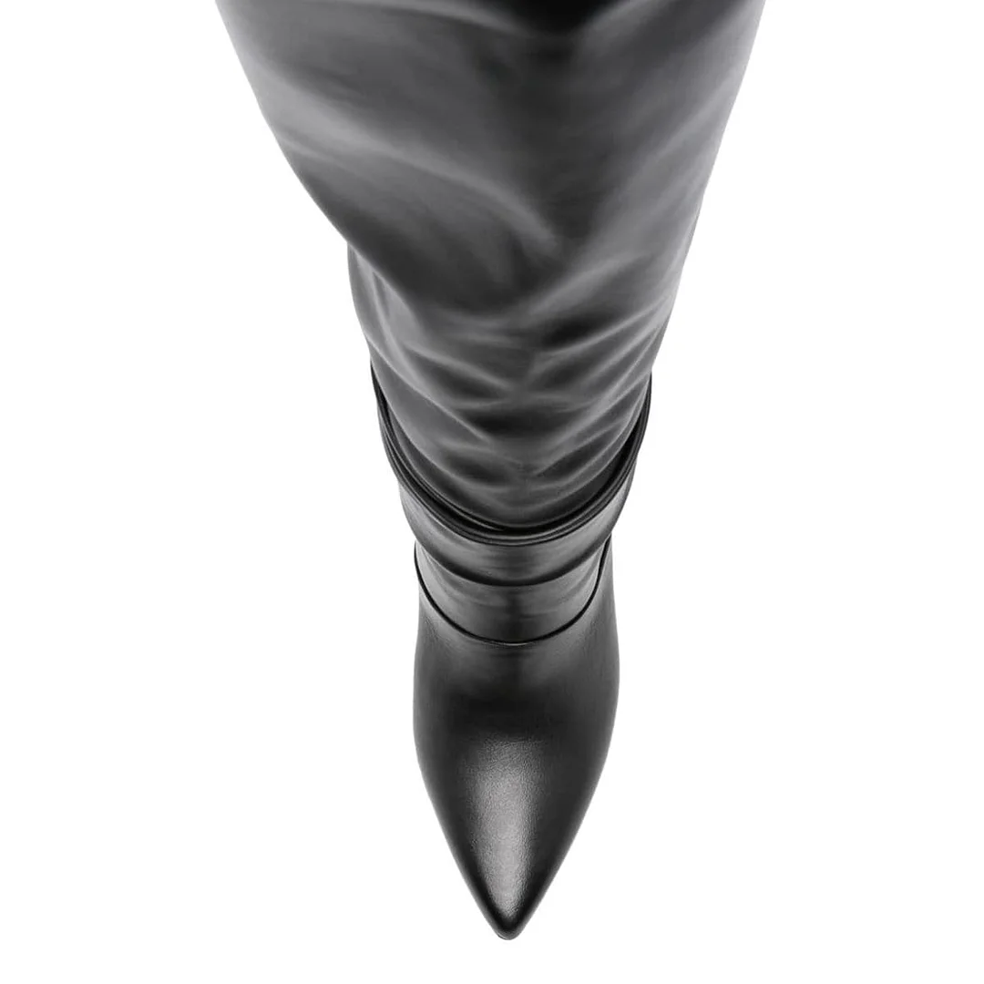 Black Cone Heel Pointed Toe Knotted Strappy Over The Knee Boots