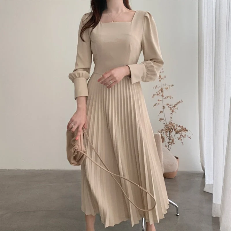 Vintage Korea Chic Pleated Folds Party Dresses for Women Long Sleeve Casual Woman Bodycon Dress Evening Vestidos Autumn 2023 New