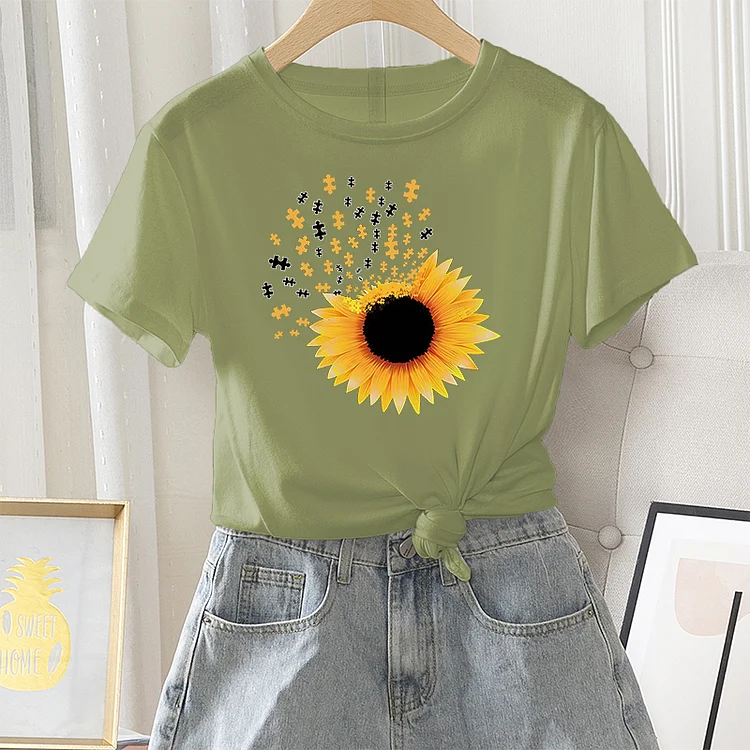 Summer Casual Women T-shirt Fashion Daily Female Regular Short Sleeve Jigsaw Flower Print Ladies 100% Cotton Round Neck Tee Tops