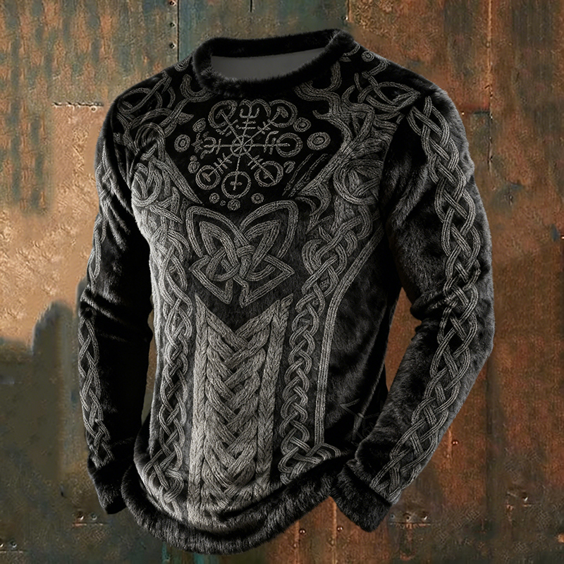 Men's Retro Viking Celtic Knot And Rune Pattern Plush Sweatshirt elevenforest