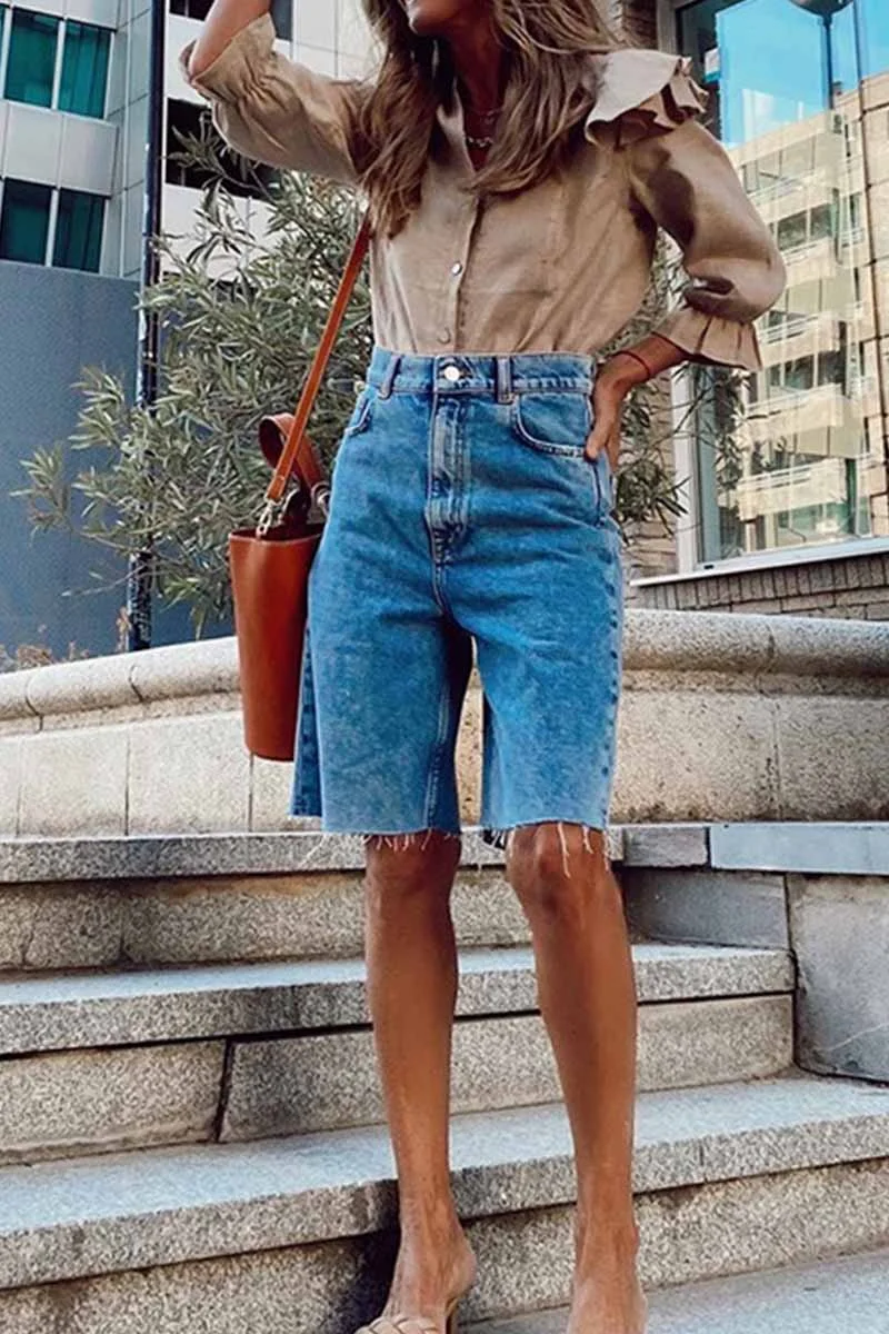 Summer Loose Casual Button Fringed Denim Pants
