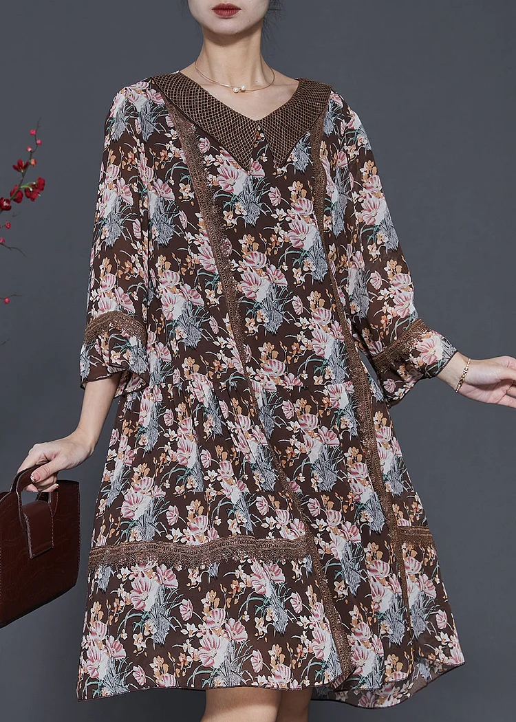 Fine Brown Print Patchwork Lace Cotton Vacation Dresses Spring