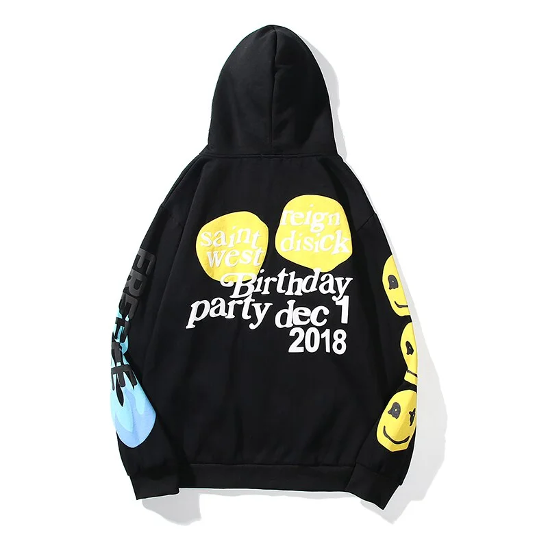 Kanye West Smiley Lucky Me Foam Letter Flame Hoodies Men and Women Stranger Things Oversize Loose Sweatshirt Hooded Casual Hoody