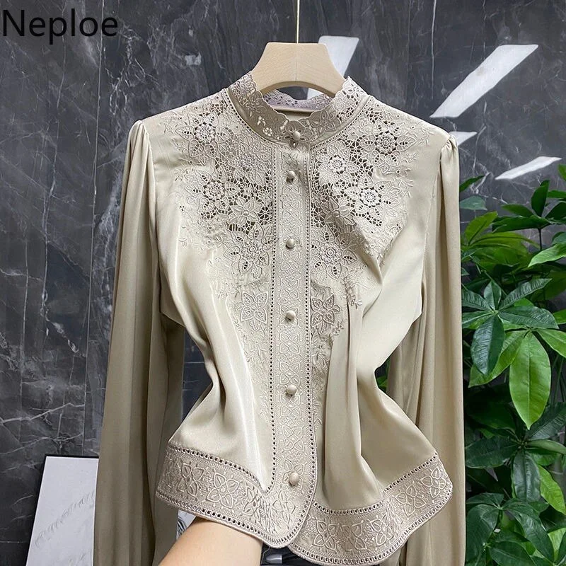 Toloer Blouses Womens Clothes Tops Vintage Blusas De Mujer Stand Collar Embroidery Blouse Korean Fashion Long Sleeve Shirt