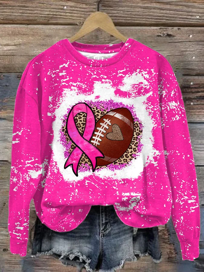 Women's Football Leopard Breast Cancer Awareness Print Long Sleeve Sweatshirt
