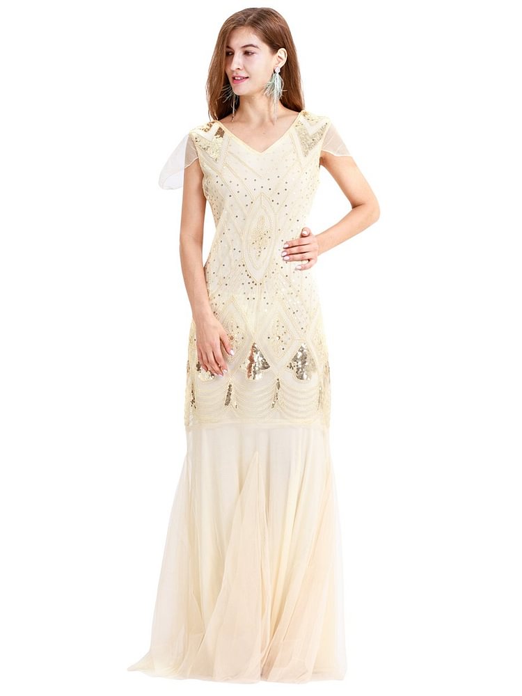 Mayoulove Long lace and sequins design 1920 Gatsby style vintage gorgeous dress-Mayoulove