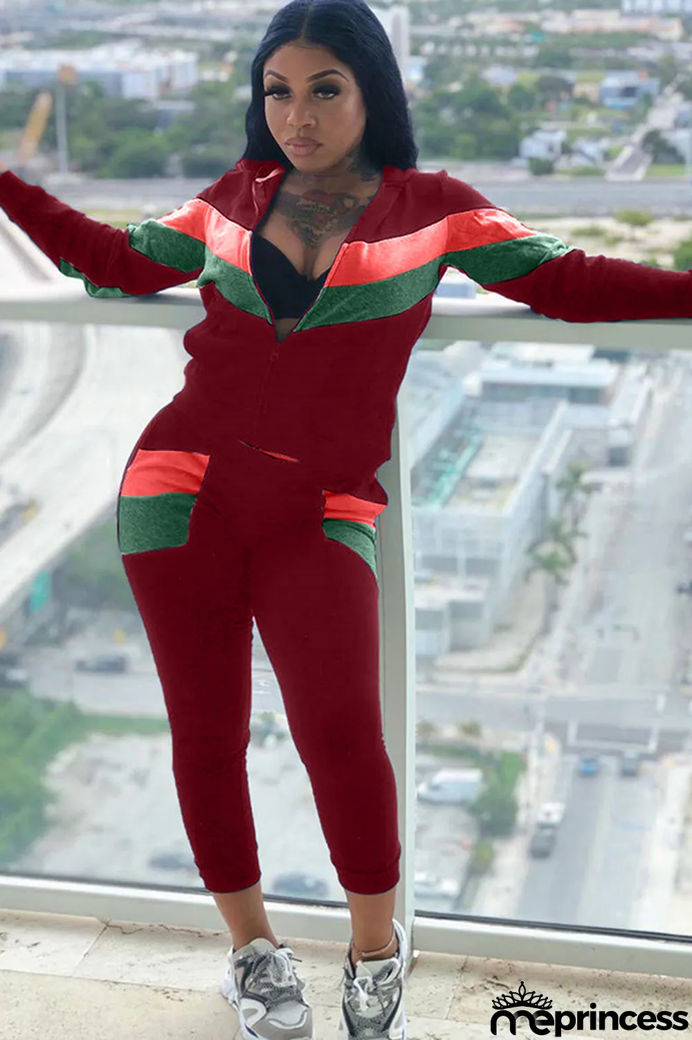 Blue Polyester Casual Two Piece Suits Patchwork Striped Straight Long Sleeve Two-piece Pants Set