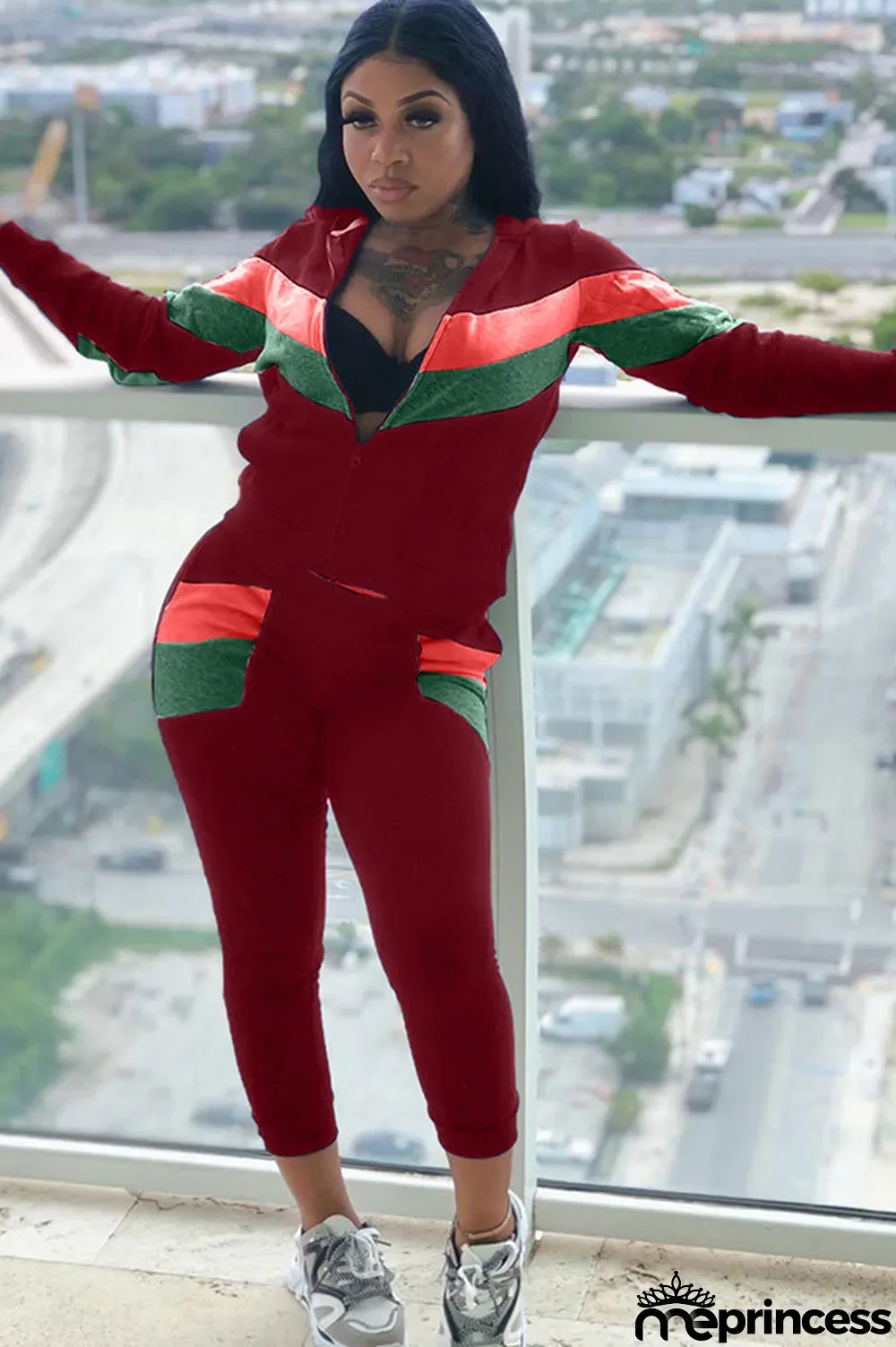 Blue Polyester Casual Two Piece Suits Patchwork Striped Straight Long Sleeve Two-piece Pants Set