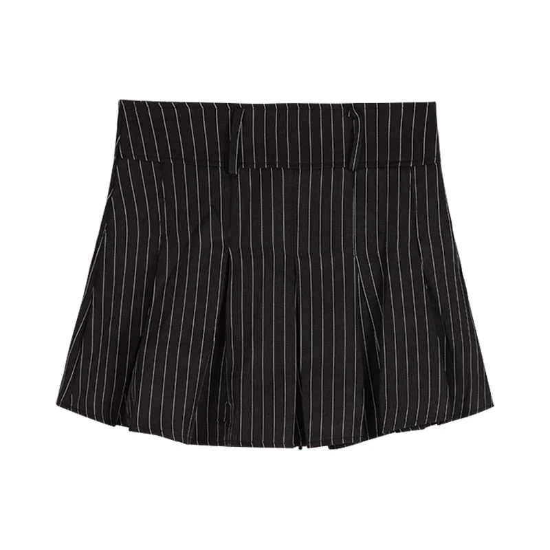 HOUZHOU Vintage Preppy Style Striped Pleated Skirt Women Sexy Cute Korean Fashion High Waist Y2K 90s A-line Black Mini Skirts