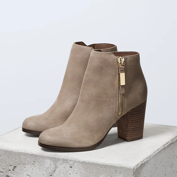 Taupe Vintage Boots Round Toe Chunky Heel Ankle Boots |FSJ Shoes