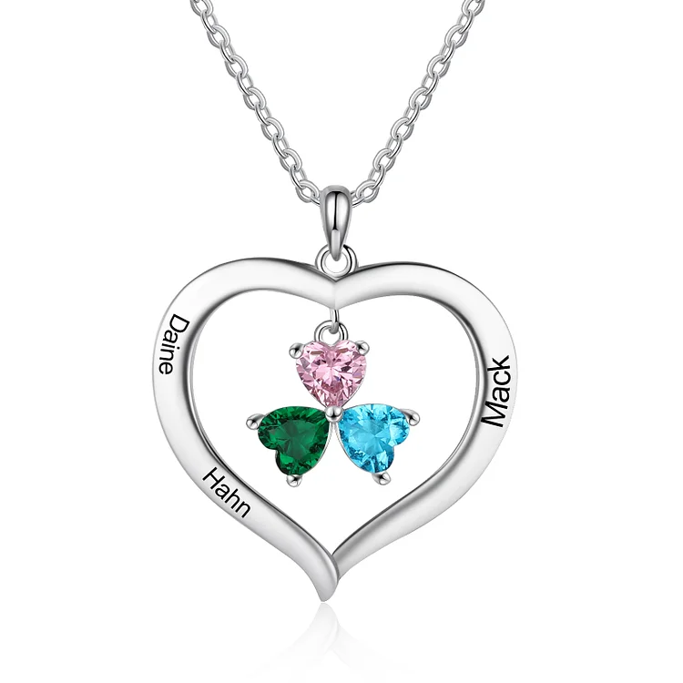 Personalized Heart Pendant Necklace with 3 Birthstones Custom 3 Names Family Necklace