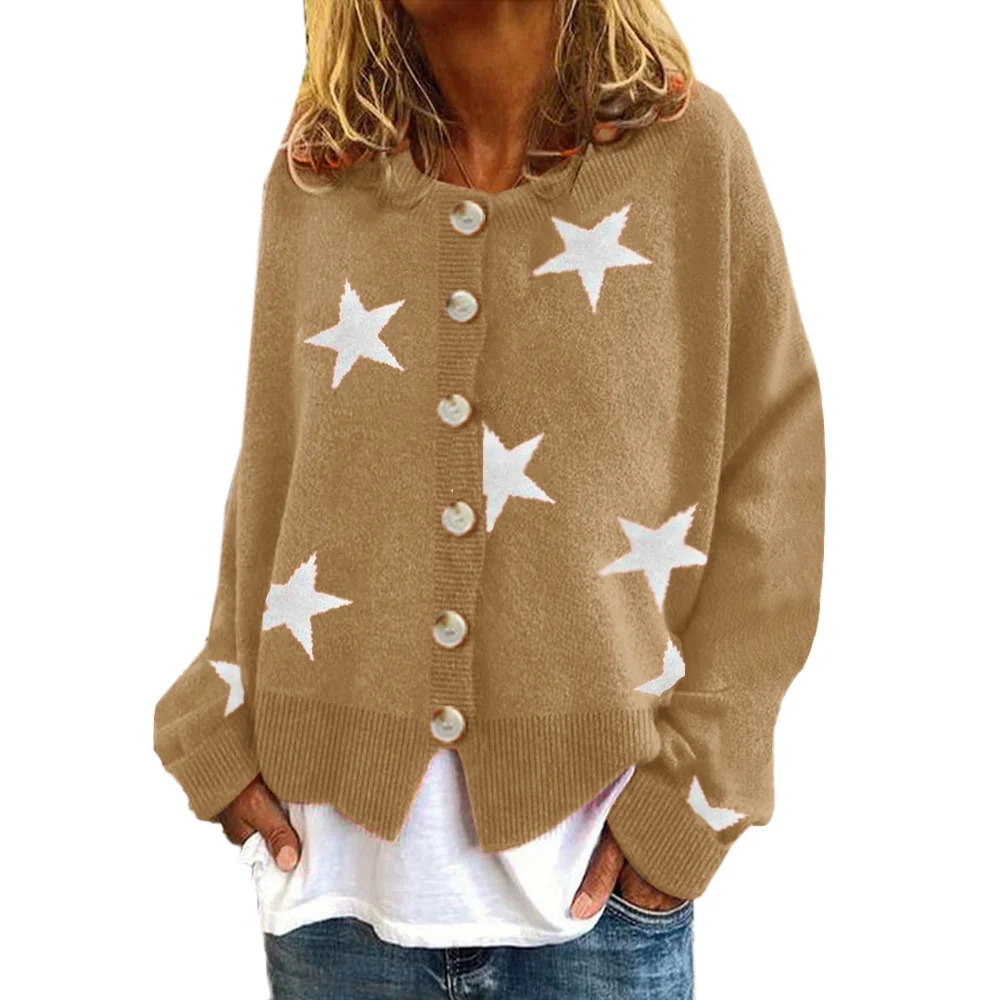 Khaki Stars Print Button-down Knitted Cardigan