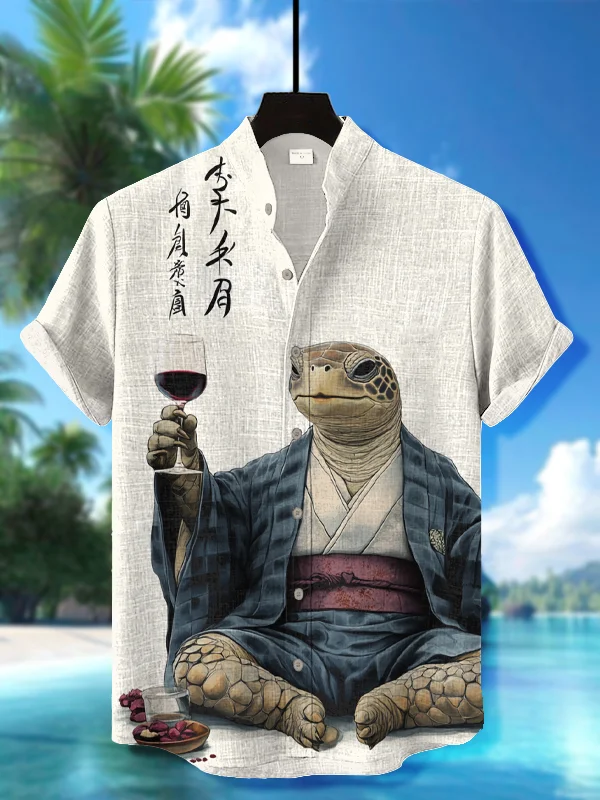 Men's Japanese Style Kimono Turtle Drinks Red Wine Art Print Short Sleeve Shirt