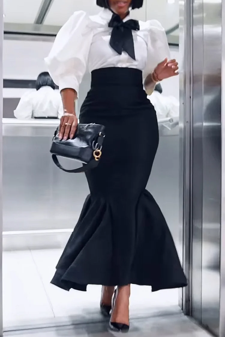 Plus Size Business Casual Black Elegant Shirt Collar Lantern Sleeve 3/4 Sleeve Ruffle Bodycon Two Piece Skirt Sets [Pre-Order]