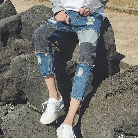 Cricsball Man Cowboy Pants Skinny Torn Trousers Slim Fit Broken Ripped Men's Jeans with Holes Tight Pipe Cropped Japanese Street Style Xs
