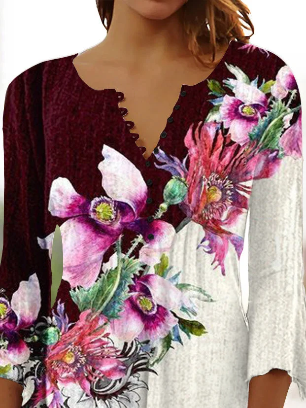 Women's Colorblock Floral Printed 3/4 Sleeve V-neck Top