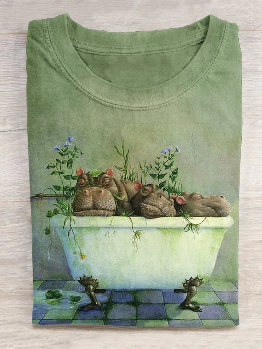 Funny Hippo Art Pattern Print Casual T-shirt