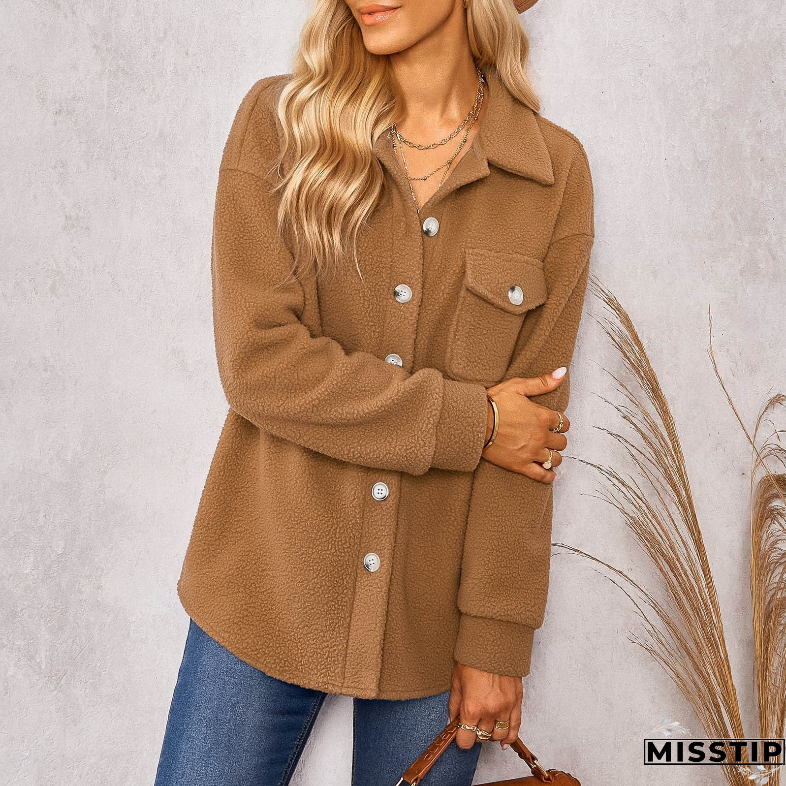 Women Long Sleeve Solid Color Pocket Fashion Casual Button Jacket